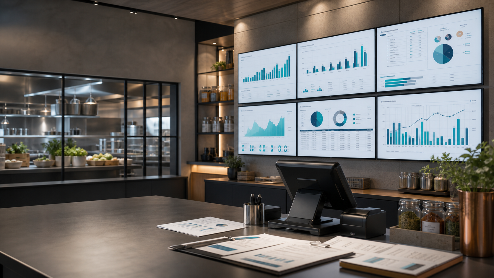 Illustrative restaurant operations workspace with analytics displays